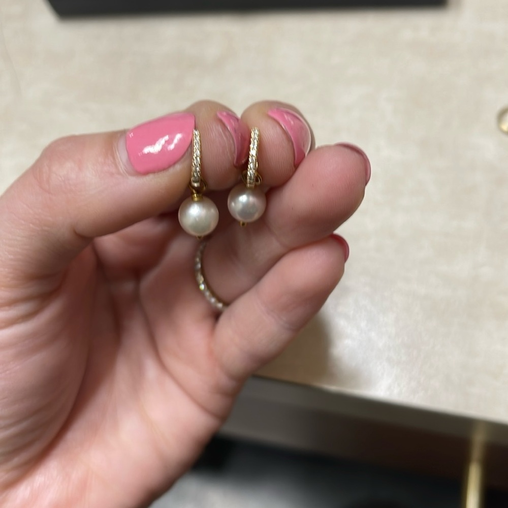 14k mini diamond pearl hoops